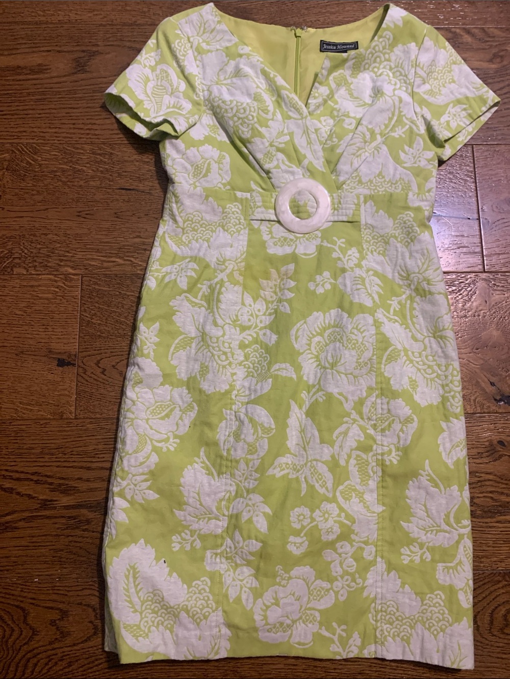 Jessica Howard Lime Green and White Floral Jacquard Sheath Dress
